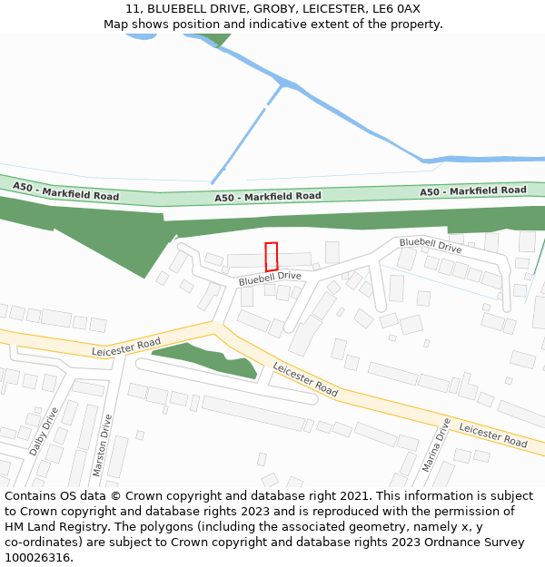 11, BLUEBELL DRIVE, GROBY, LEICESTER, LE6 0AX: Location map and indicative extent of plot