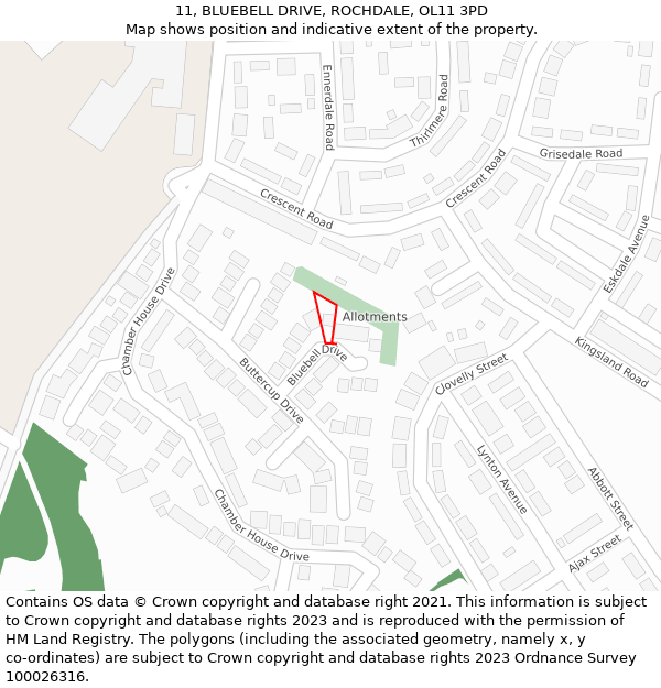 11, BLUEBELL DRIVE, ROCHDALE, OL11 3PD: Location map and indicative extent of plot