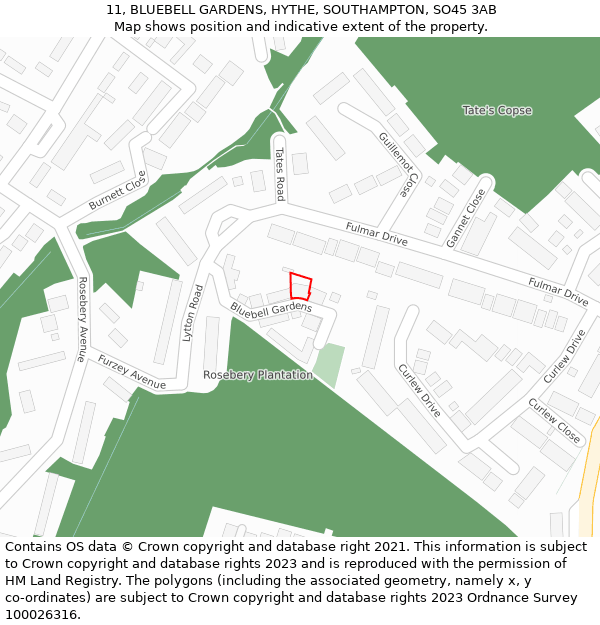 11, BLUEBELL GARDENS, HYTHE, SOUTHAMPTON, SO45 3AB: Location map and indicative extent of plot