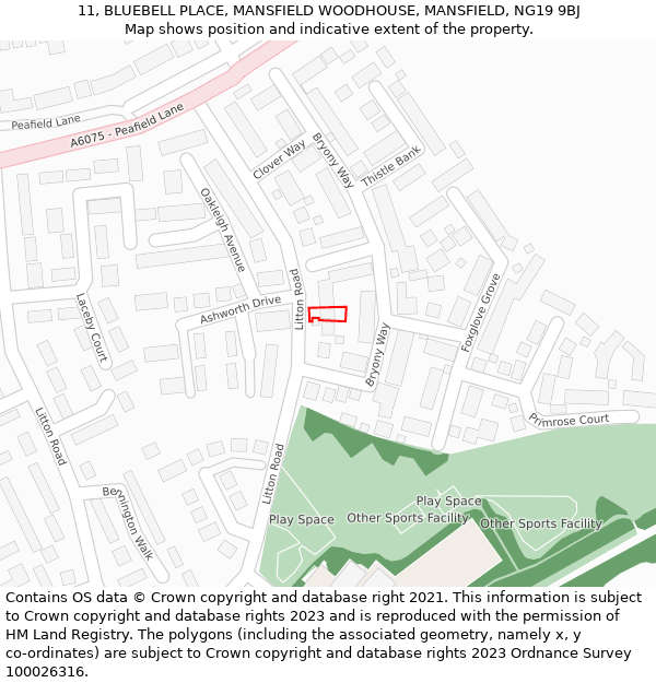 11, BLUEBELL PLACE, MANSFIELD WOODHOUSE, MANSFIELD, NG19 9BJ: Location map and indicative extent of plot