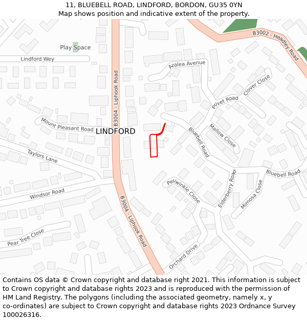 11, BLUEBELL ROAD, LINDFORD, BORDON, GU35 0YN: Location map and indicative extent of plot