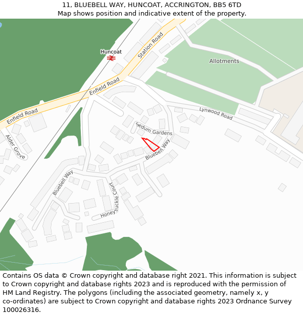 11, BLUEBELL WAY, HUNCOAT, ACCRINGTON, BB5 6TD: Location map and indicative extent of plot