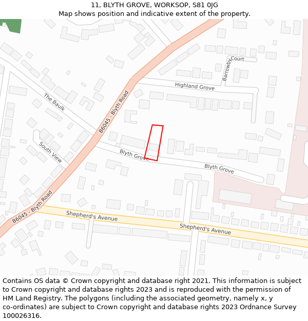 11, BLYTH GROVE, WORKSOP, S81 0JG: Location map and indicative extent of plot