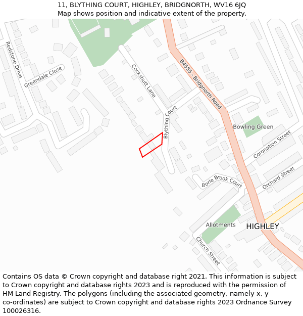 11, BLYTHING COURT, HIGHLEY, BRIDGNORTH, WV16 6JQ: Location map and indicative extent of plot