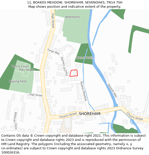 11, BOAKES MEADOW, SHOREHAM, SEVENOAKS, TN14 7SH: Location map and indicative extent of plot