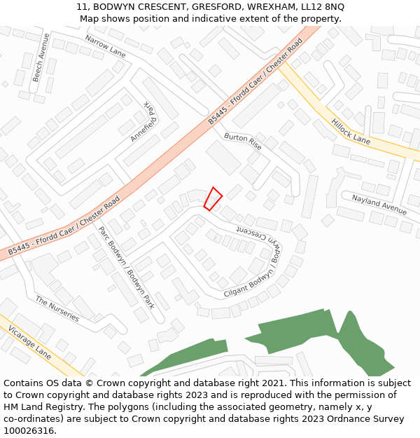 11, BODWYN CRESCENT, GRESFORD, WREXHAM, LL12 8NQ: Location map and indicative extent of plot