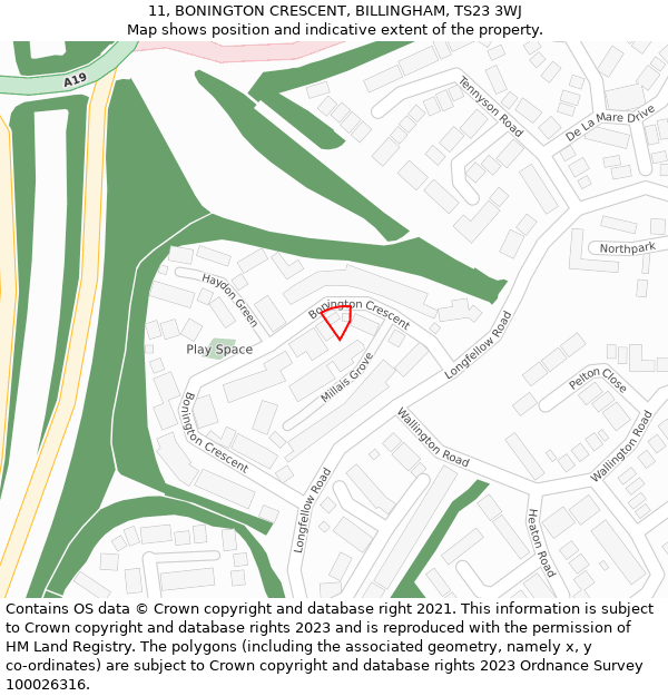 11, BONINGTON CRESCENT, BILLINGHAM, TS23 3WJ: Location map and indicative extent of plot