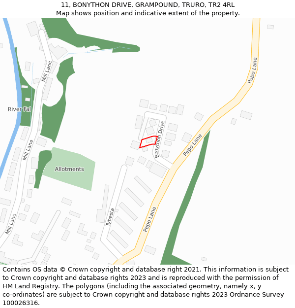 11, BONYTHON DRIVE, GRAMPOUND, TRURO, TR2 4RL: Location map and indicative extent of plot