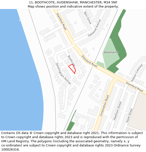 11, BOOTHCOTE, AUDENSHAW, MANCHESTER, M34 5NF: Location map and indicative extent of plot