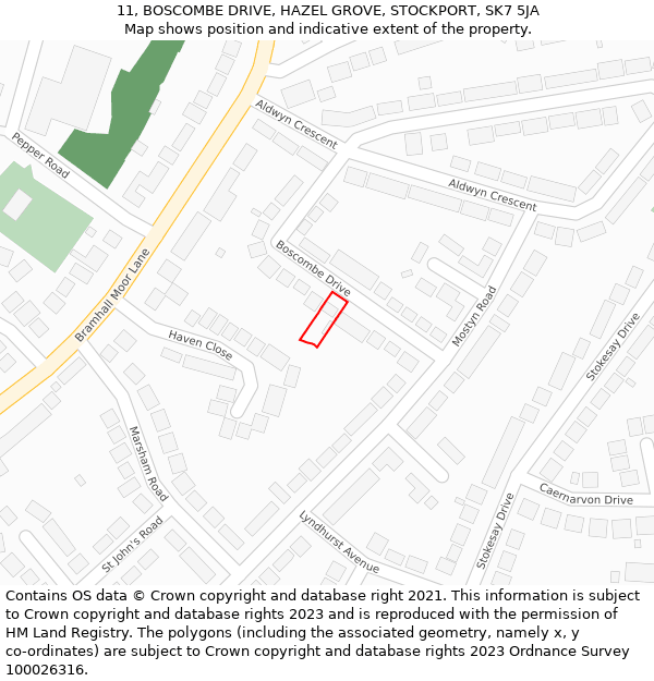 11, BOSCOMBE DRIVE, HAZEL GROVE, STOCKPORT, SK7 5JA: Location map and indicative extent of plot