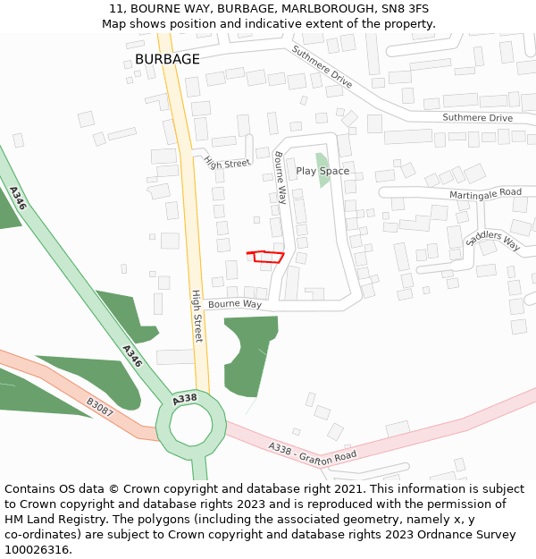 11, BOURNE WAY, BURBAGE, MARLBOROUGH, SN8 3FS: Location map and indicative extent of plot