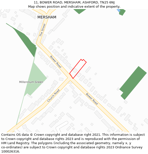 11, BOWER ROAD, MERSHAM, ASHFORD, TN25 6NJ: Location map and indicative extent of plot