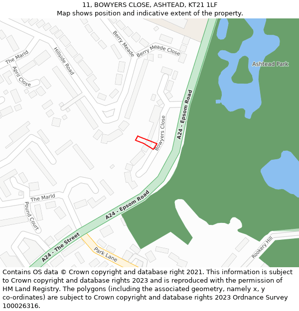 11, BOWYERS CLOSE, ASHTEAD, KT21 1LF: Location map and indicative extent of plot