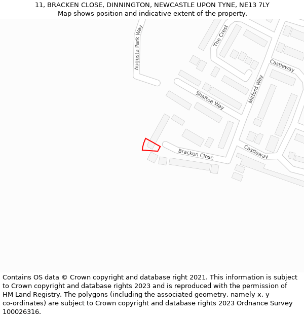 11, BRACKEN CLOSE, DINNINGTON, NEWCASTLE UPON TYNE, NE13 7LY: Location map and indicative extent of plot