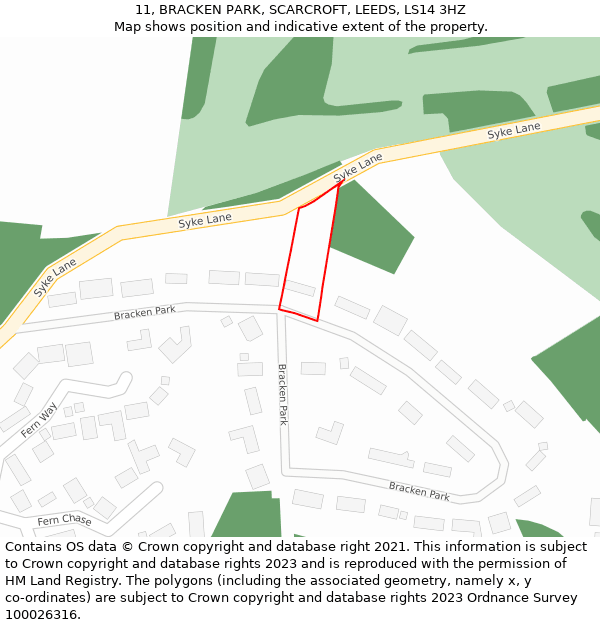 11, BRACKEN PARK, SCARCROFT, LEEDS, LS14 3HZ: Location map and indicative extent of plot