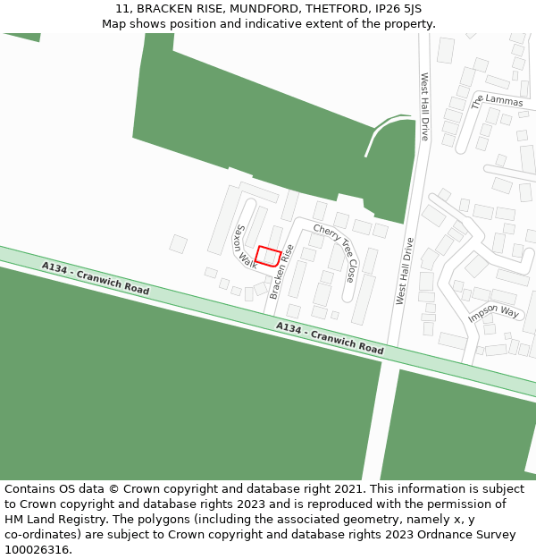 11, BRACKEN RISE, MUNDFORD, THETFORD, IP26 5JS: Location map and indicative extent of plot