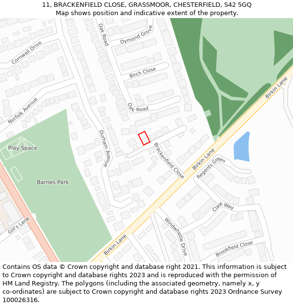 11, BRACKENFIELD CLOSE, GRASSMOOR, CHESTERFIELD, S42 5GQ: Location map and indicative extent of plot