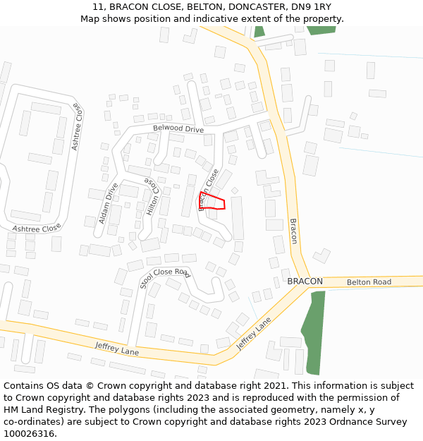 11, BRACON CLOSE, BELTON, DONCASTER, DN9 1RY: Location map and indicative extent of plot