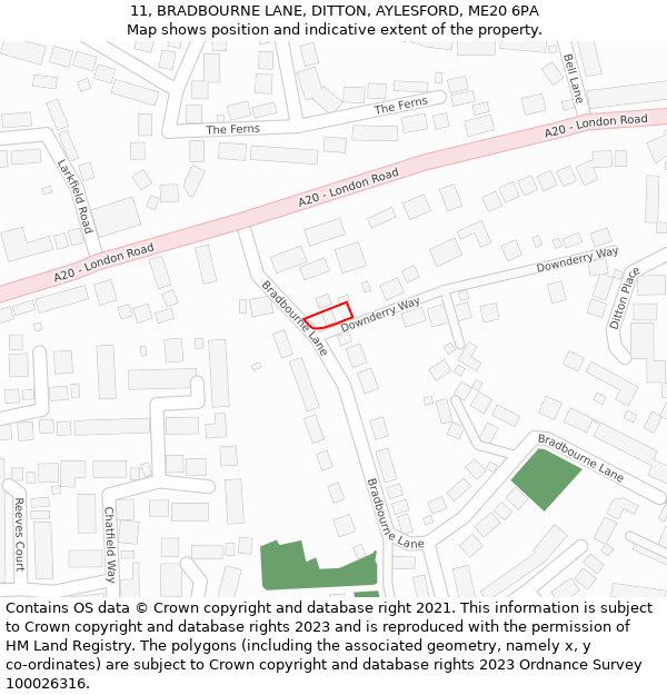 11, BRADBOURNE LANE, DITTON, AYLESFORD, ME20 6PA: Location map and indicative extent of plot