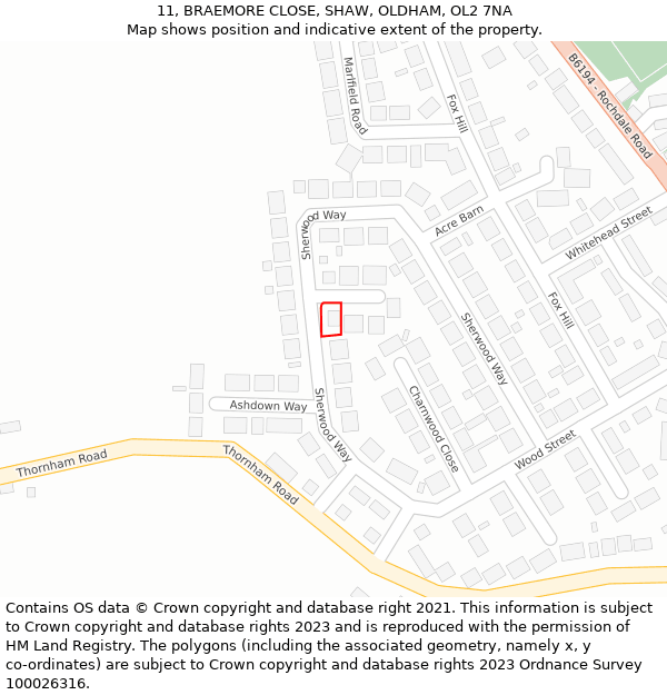 11, BRAEMORE CLOSE, SHAW, OLDHAM, OL2 7NA: Location map and indicative extent of plot