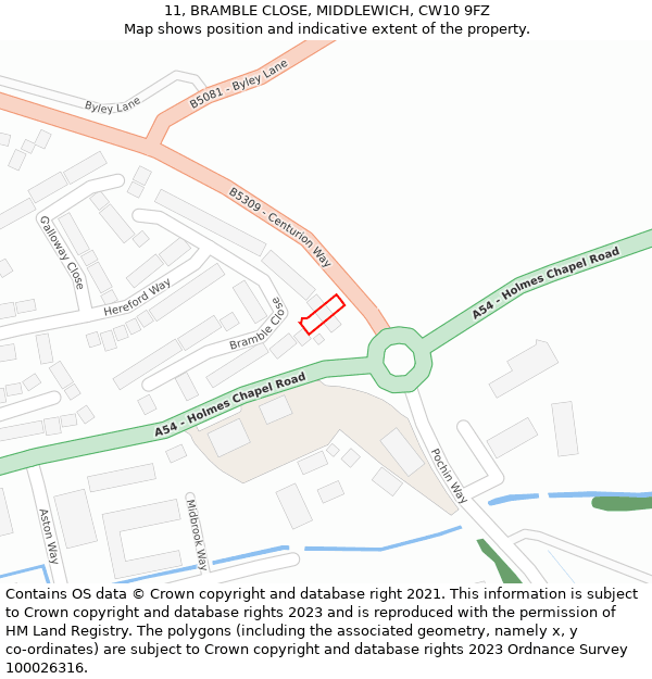 11, BRAMBLE CLOSE, MIDDLEWICH, CW10 9FZ: Location map and indicative extent of plot