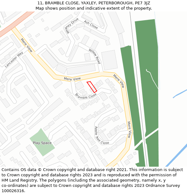 11, BRAMBLE CLOSE, YAXLEY, PETERBOROUGH, PE7 3JZ: Location map and indicative extent of plot