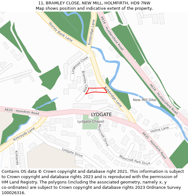 11, BRAMLEY CLOSE, NEW MILL, HOLMFIRTH, HD9 7NW: Location map and indicative extent of plot