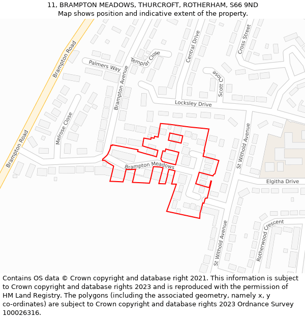 11, BRAMPTON MEADOWS, THURCROFT, ROTHERHAM, S66 9ND: Location map and indicative extent of plot