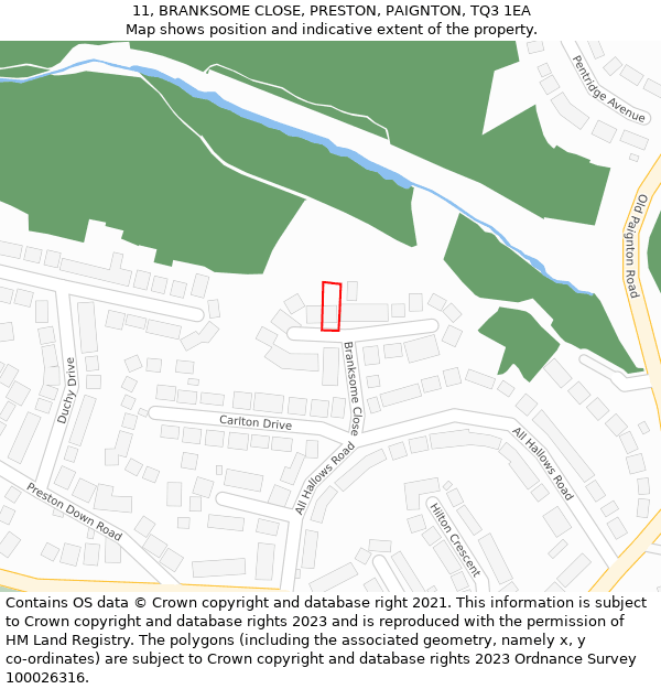 11, BRANKSOME CLOSE, PRESTON, PAIGNTON, TQ3 1EA: Location map and indicative extent of plot