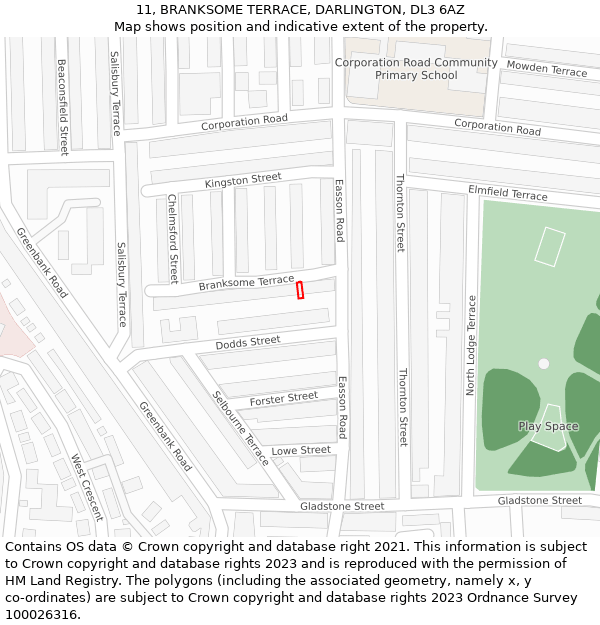 11, BRANKSOME TERRACE, DARLINGTON, DL3 6AZ: Location map and indicative extent of plot