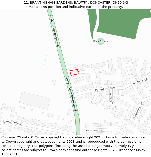 11, BRANTINGHAM GARDENS, BAWTRY, DONCASTER, DN10 6XJ: Location map and indicative extent of plot