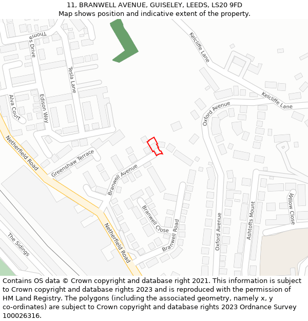 11, BRANWELL AVENUE, GUISELEY, LEEDS, LS20 9FD: Location map and indicative extent of plot