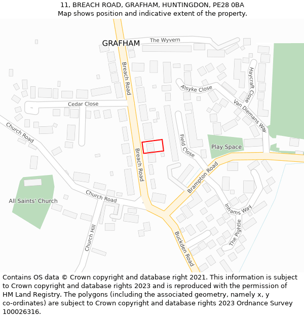 11, BREACH ROAD, GRAFHAM, HUNTINGDON, PE28 0BA: Location map and indicative extent of plot