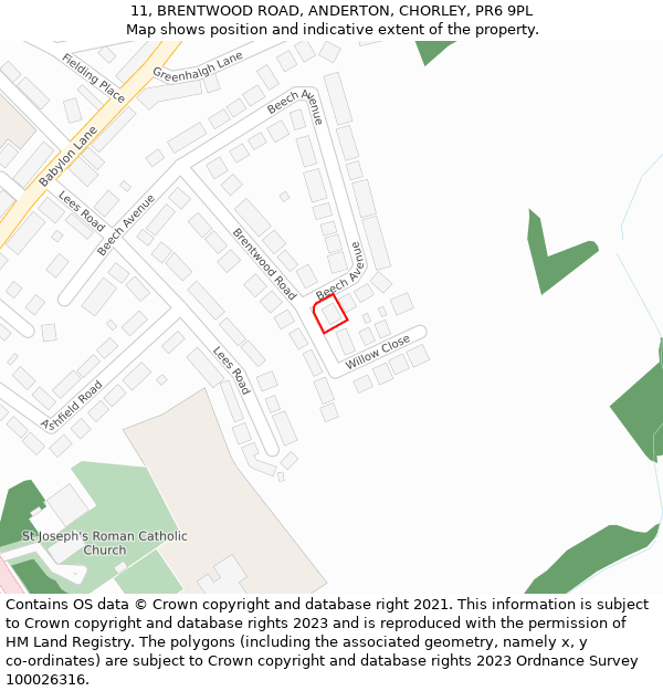 11, BRENTWOOD ROAD, ANDERTON, CHORLEY, PR6 9PL: Location map and indicative extent of plot