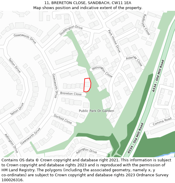 11, BRERETON CLOSE, SANDBACH, CW11 1EA: Location map and indicative extent of plot