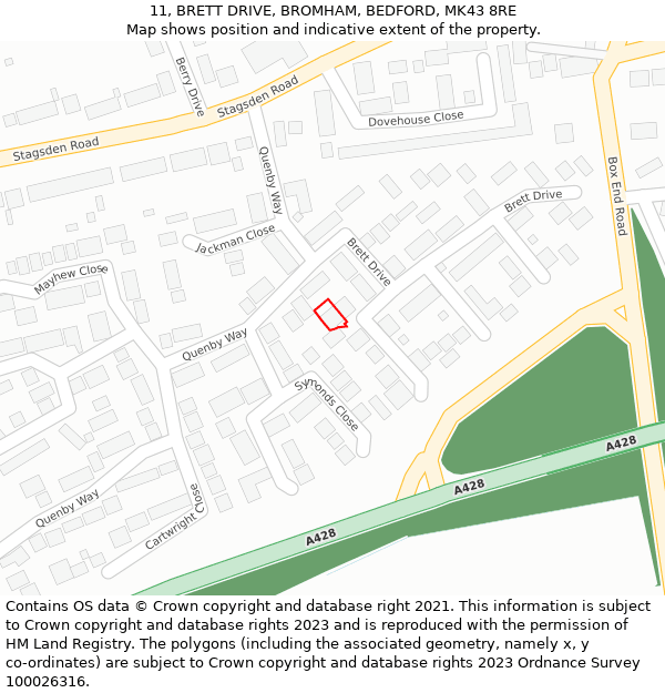 11, BRETT DRIVE, BROMHAM, BEDFORD, MK43 8RE: Location map and indicative extent of plot