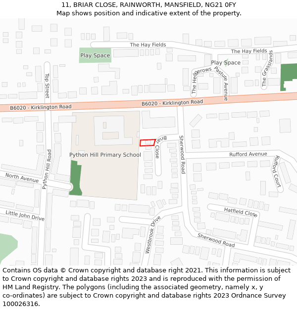 11, BRIAR CLOSE, RAINWORTH, MANSFIELD, NG21 0FY: Location map and indicative extent of plot