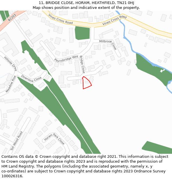 11, BRIDGE CLOSE, HORAM, HEATHFIELD, TN21 0HJ: Location map and indicative extent of plot