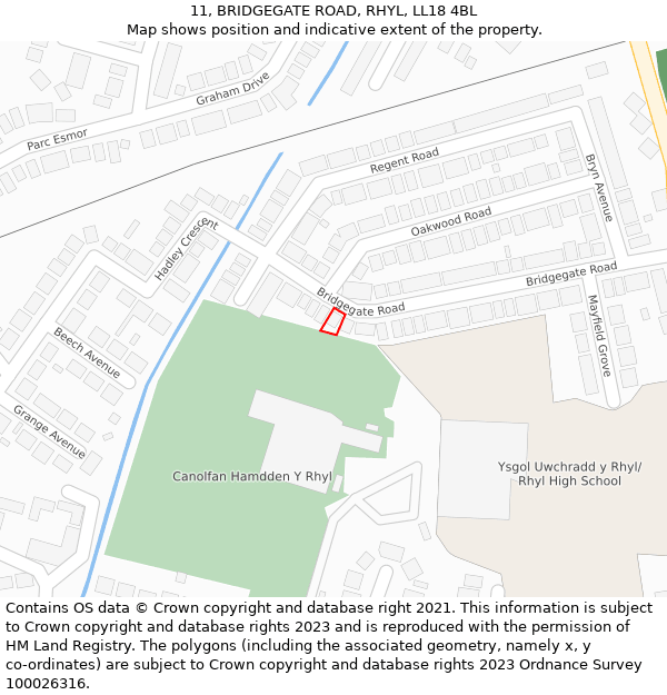 11, BRIDGEGATE ROAD, RHYL, LL18 4BL: Location map and indicative extent of plot