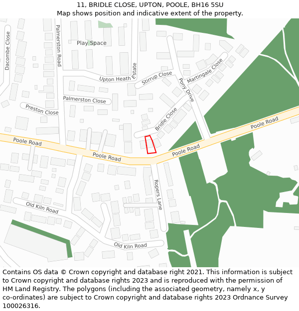 11, BRIDLE CLOSE, UPTON, POOLE, BH16 5SU: Location map and indicative extent of plot