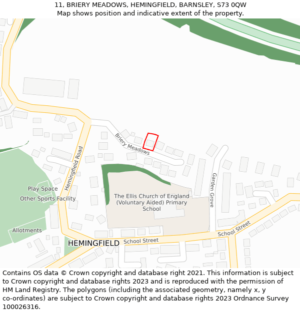 11, BRIERY MEADOWS, HEMINGFIELD, BARNSLEY, S73 0QW: Location map and indicative extent of plot