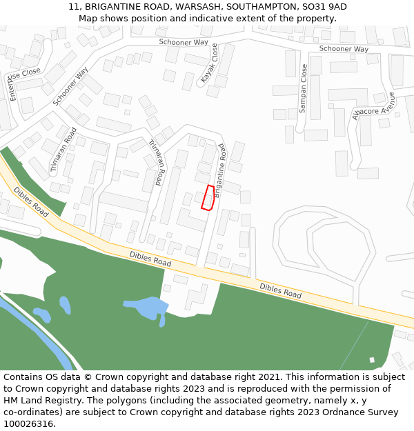 11, BRIGANTINE ROAD, WARSASH, SOUTHAMPTON, SO31 9AD: Location map and indicative extent of plot