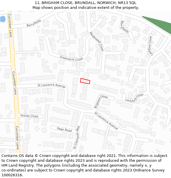 11, BRIGHAM CLOSE, BRUNDALL, NORWICH, NR13 5QL: Location map and indicative extent of plot