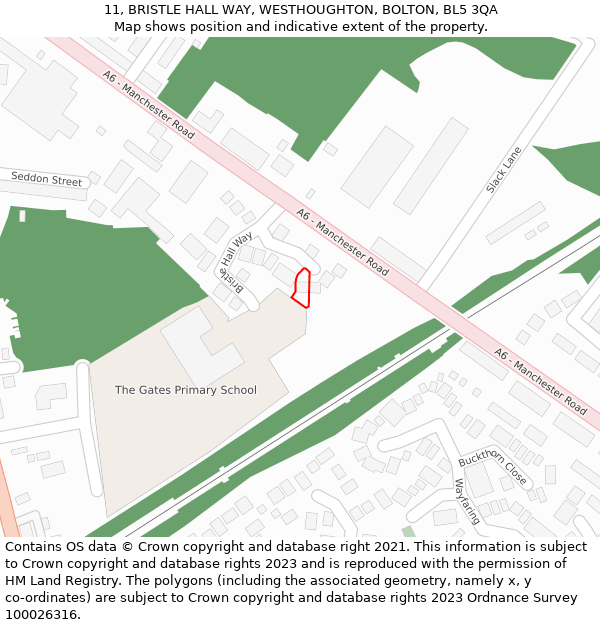 11, BRISTLE HALL WAY, WESTHOUGHTON, BOLTON, BL5 3QA: Location map and indicative extent of plot