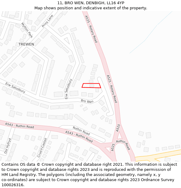 11, BRO WEN, DENBIGH, LL16 4YP: Location map and indicative extent of plot