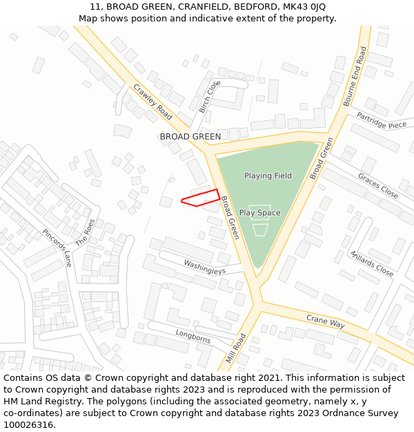 11, BROAD GREEN, CRANFIELD, BEDFORD, MK43 0JQ: Location map and indicative extent of plot
