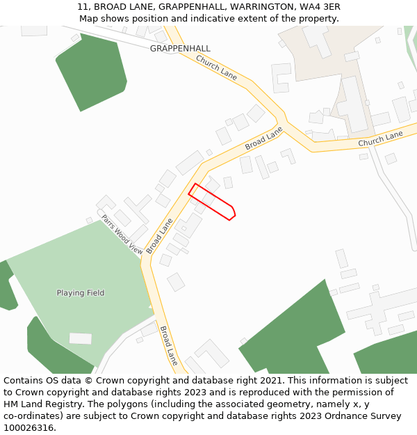 11, BROAD LANE, GRAPPENHALL, WARRINGTON, WA4 3ER: Location map and indicative extent of plot