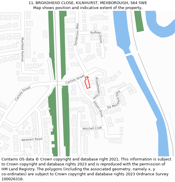 11, BROADHEAD CLOSE, KILNHURST, MEXBOROUGH, S64 5WE: Location map and indicative extent of plot