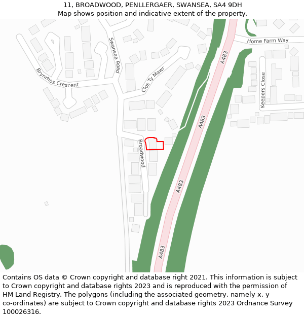 11, BROADWOOD, PENLLERGAER, SWANSEA, SA4 9DH: Location map and indicative extent of plot