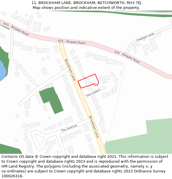 11, BROCKHAM LANE, BROCKHAM, BETCHWORTH, RH3 7EJ: Location map and indicative extent of plot